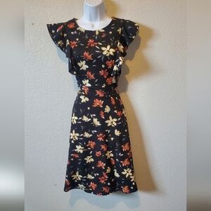 YATHON Black Floral Ruffled Feminine Midi Dress Size Medium